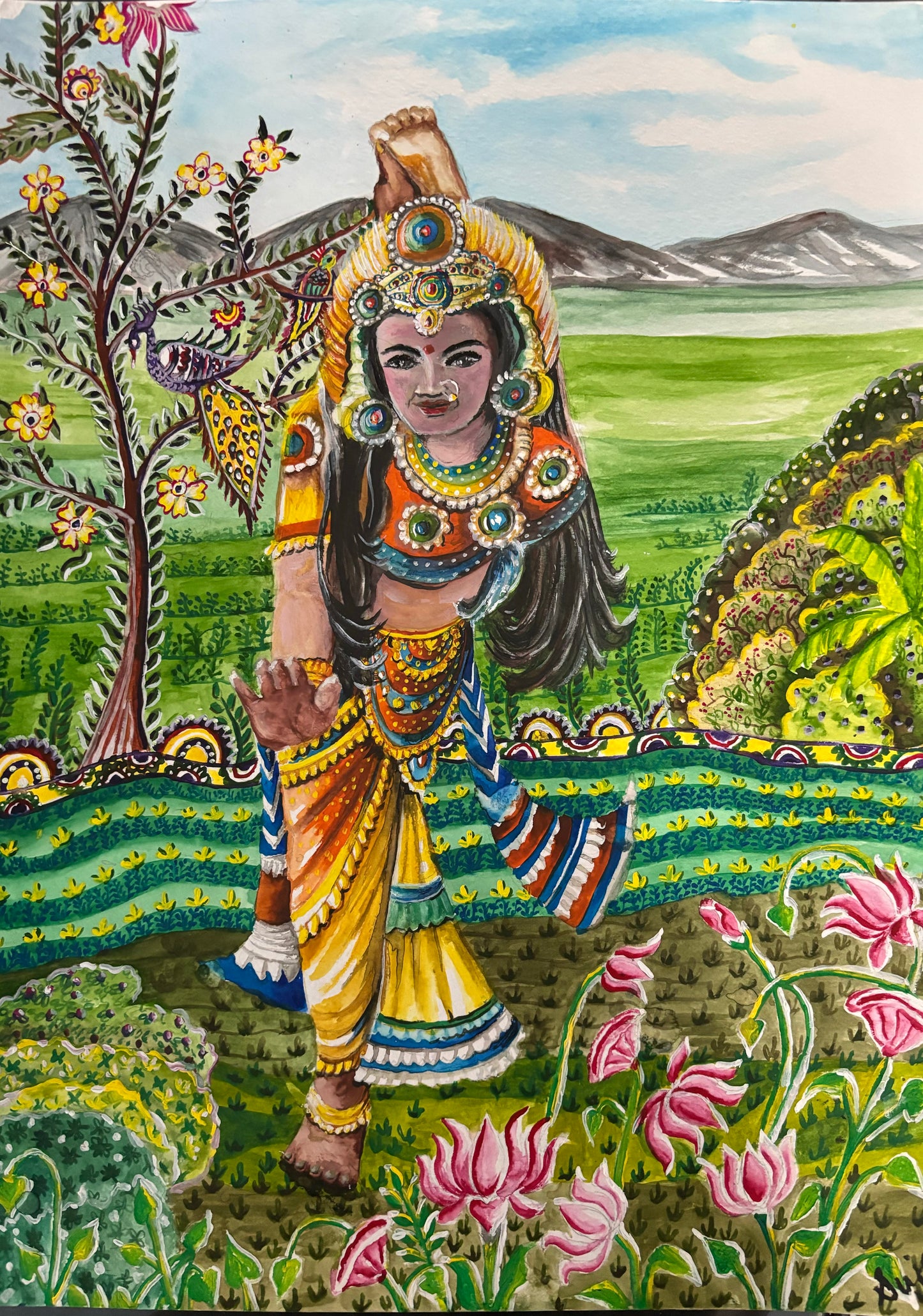 Kalamkari: Standing Bow-Pulling Pose: Dandayamana Dhanurasana